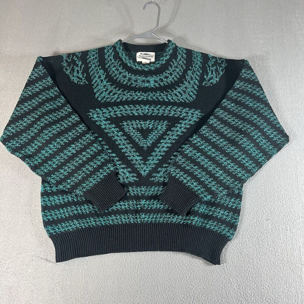 Vtg Expressions Worldwide Knit Sweater Mens XL Blue/Green Abstract Acrylic 90s